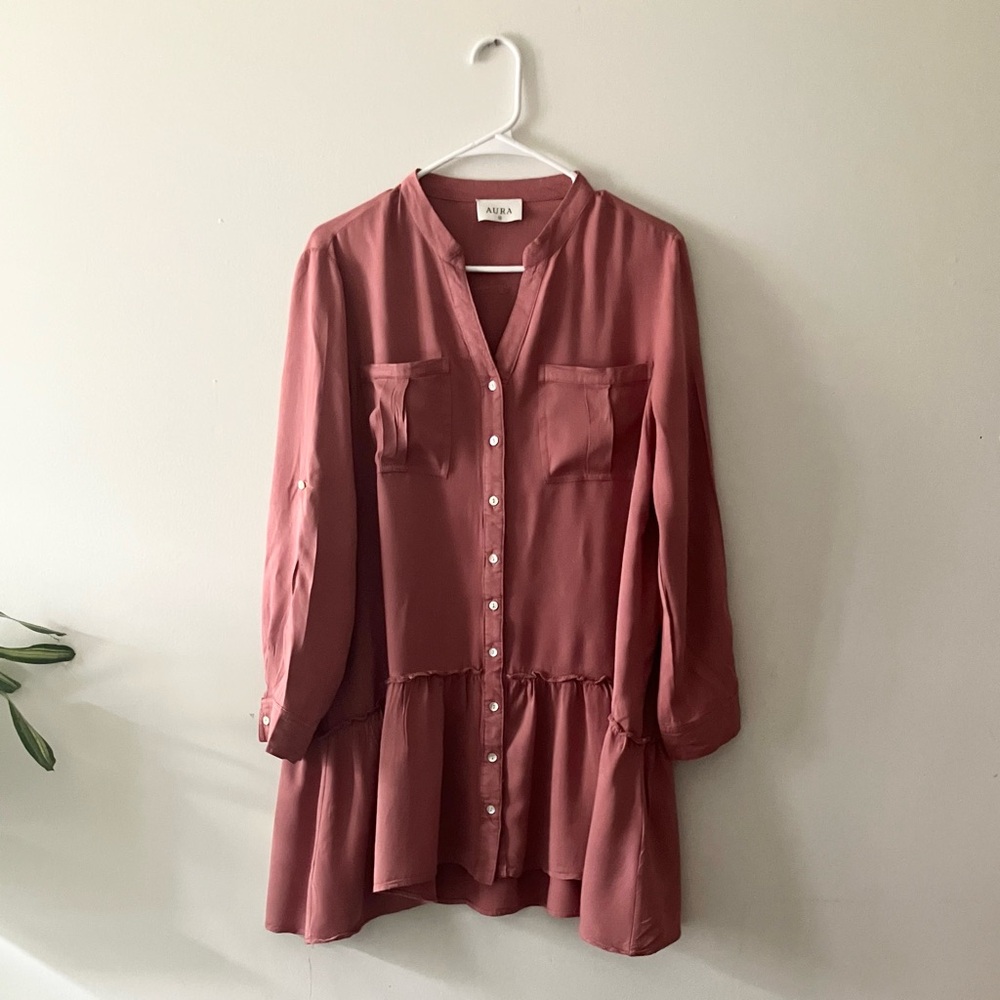 Aura Dusty Rose Tiered Button Front Blouse Dress Medium‎ Boho Romantic